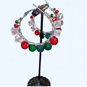 Festive Red and Green Wired Wrapped Hoop Earrings